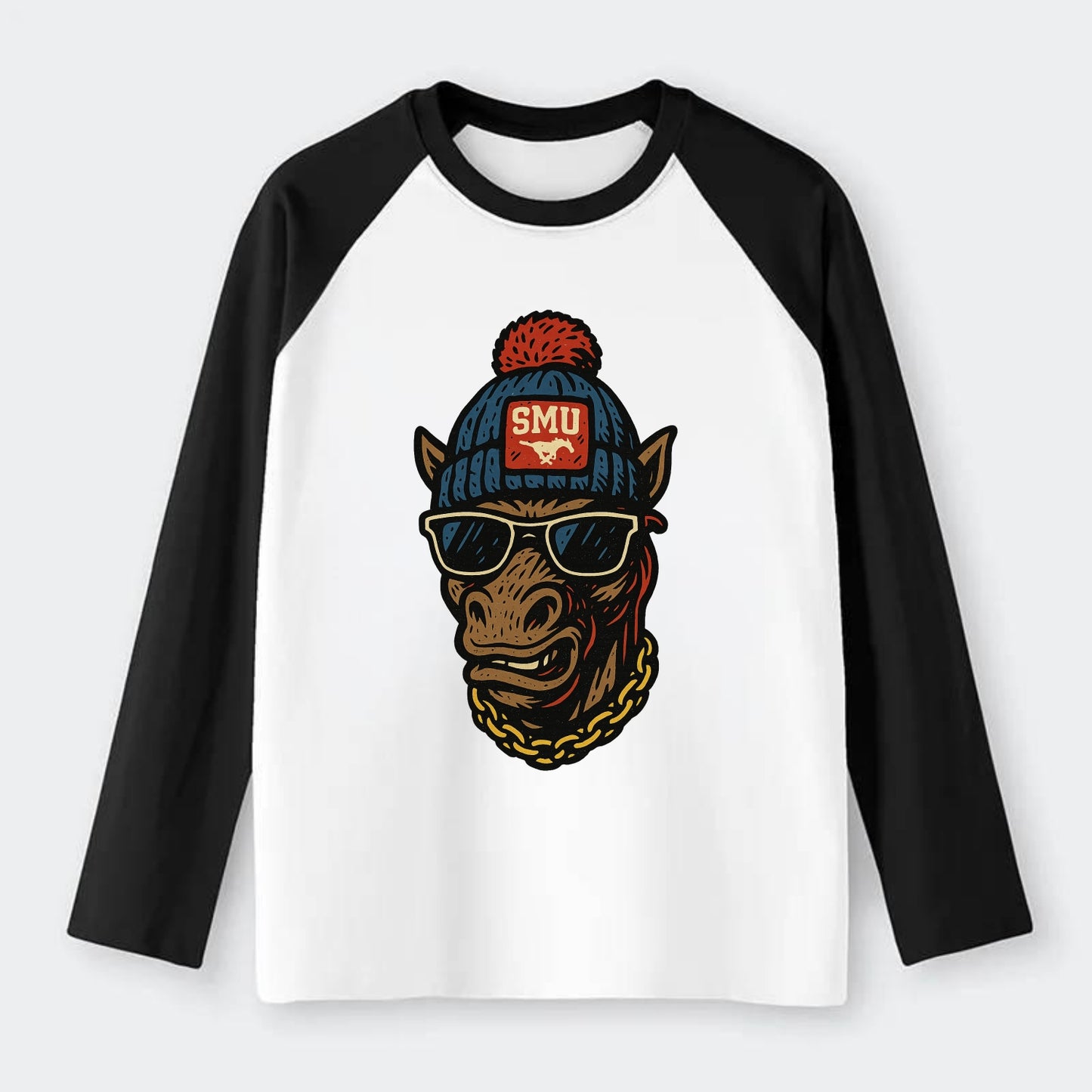 Dallas Mustang wearing SMU beanie with pony patch - Raglan Long Sleeve T-Shirt - Black