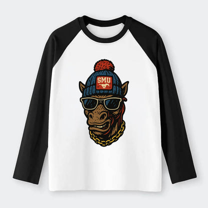 Dallas Mustang wearing SMU beanie with pony patch - Raglan Long Sleeve T-Shirt - Black
