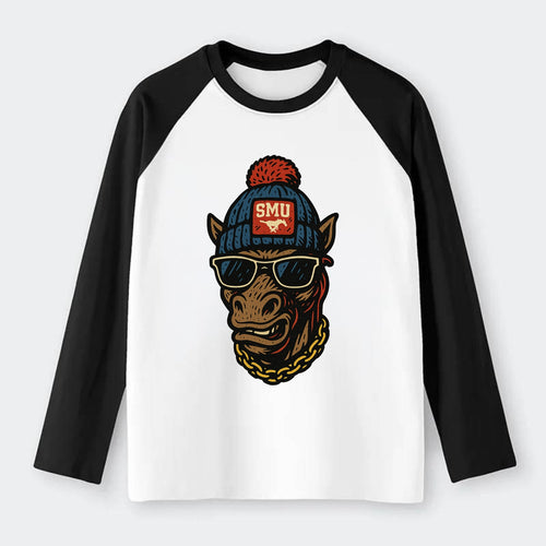 Dallas Mustang wearing SMU beanie with pony patch - Raglan Long Sleeve T-Shirt