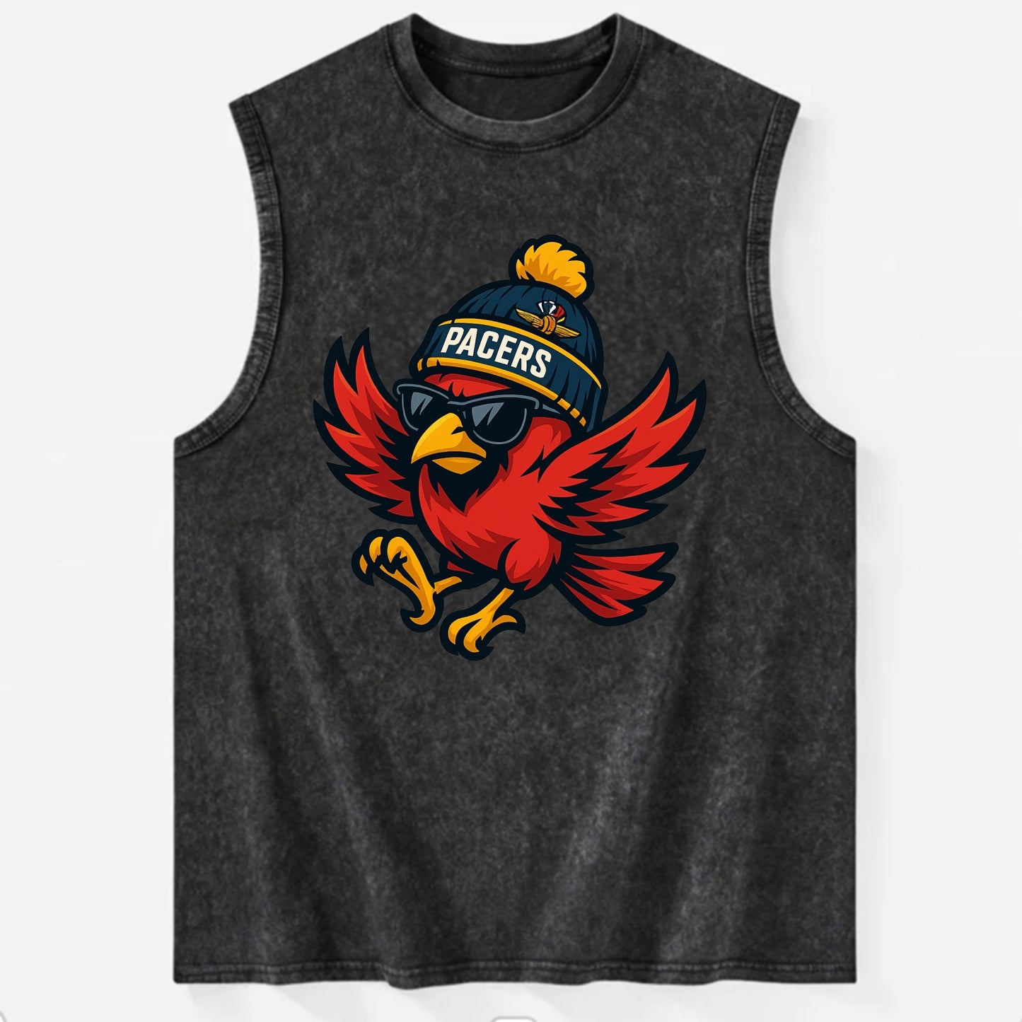 Indiana Cardinal wearing Pacers beanie with speedway patch and wayfarer - Vintage Washed Tank - Black