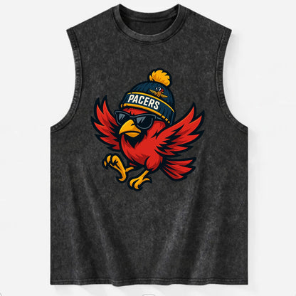 Indiana Cardinal wearing Pacers beanie with speedway patch and wayfarer - Vintage Washed Tank - Black