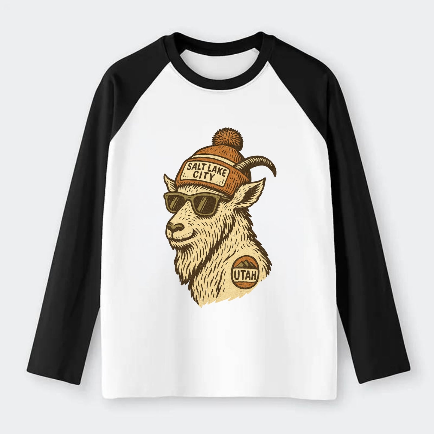 Utah Mountain Goat wearing Salt Lake City beanie with pom pom and - Raglan Long Sleeve T-Shirt - Black