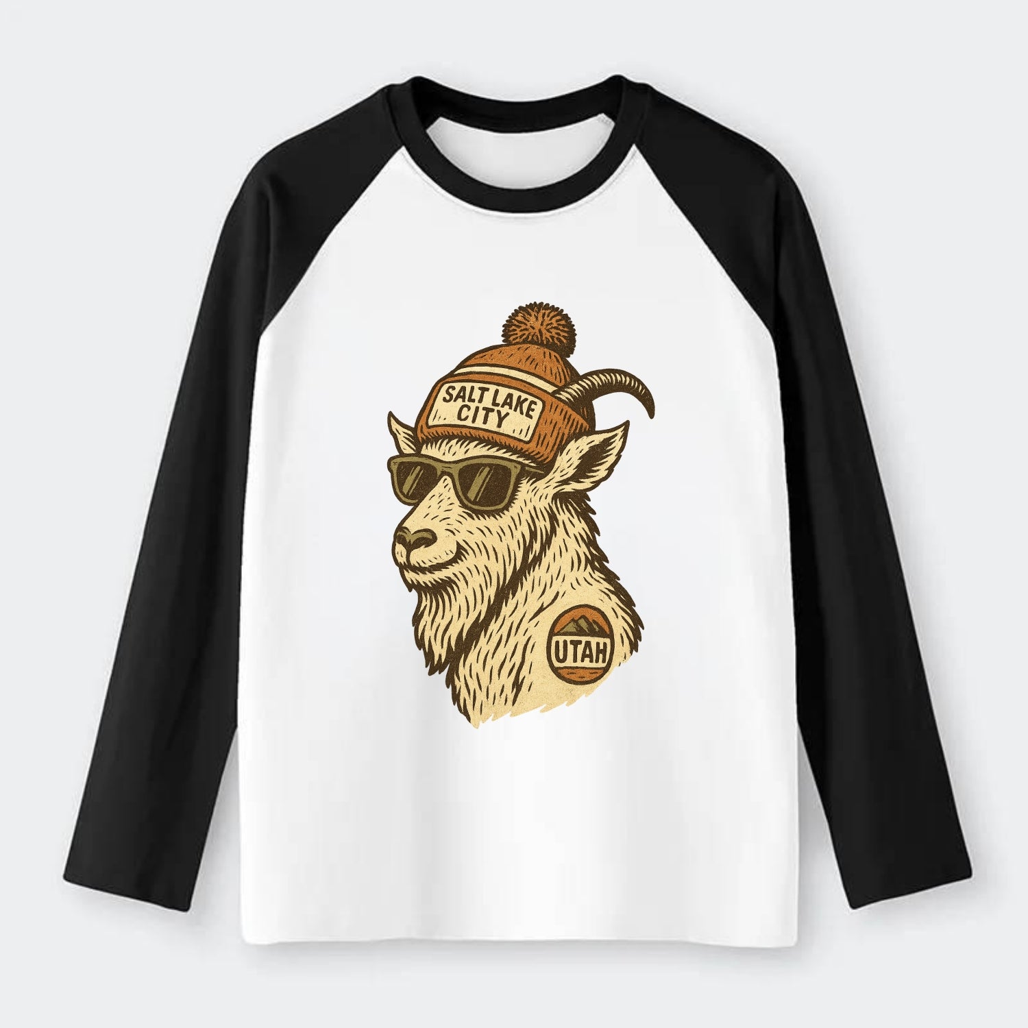 Utah Mountain Goat wearing Salt Lake City beanie with pom pom and - Raglan Long Sleeve T-Shirt - Black