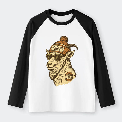 Utah Mountain Goat wearing Salt Lake City beanie with pom pom and - Raglan Long Sleeve T-Shirt