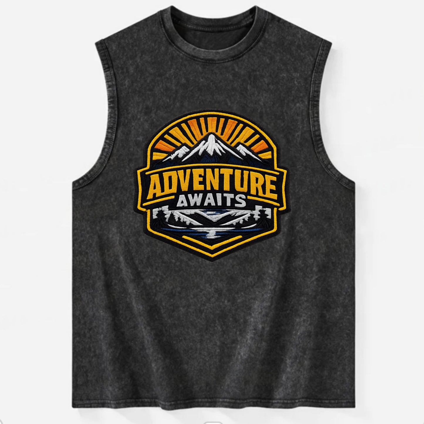 ADVENTURE AWAITS - mountain sunrise with text in gold and blue , wanderlust - Vintage Washed Tank - Black