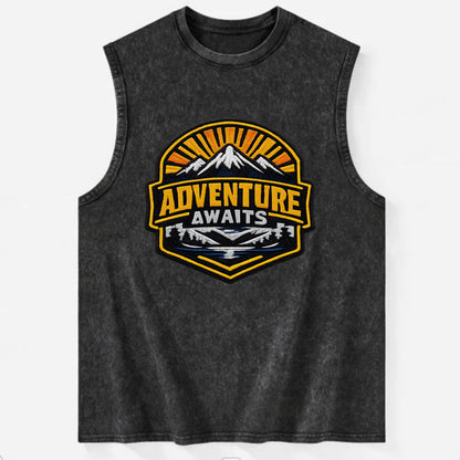 ADVENTURE AWAITS - mountain sunrise with text in gold and blue , wanderlust - Vintage Washed Tank - Black