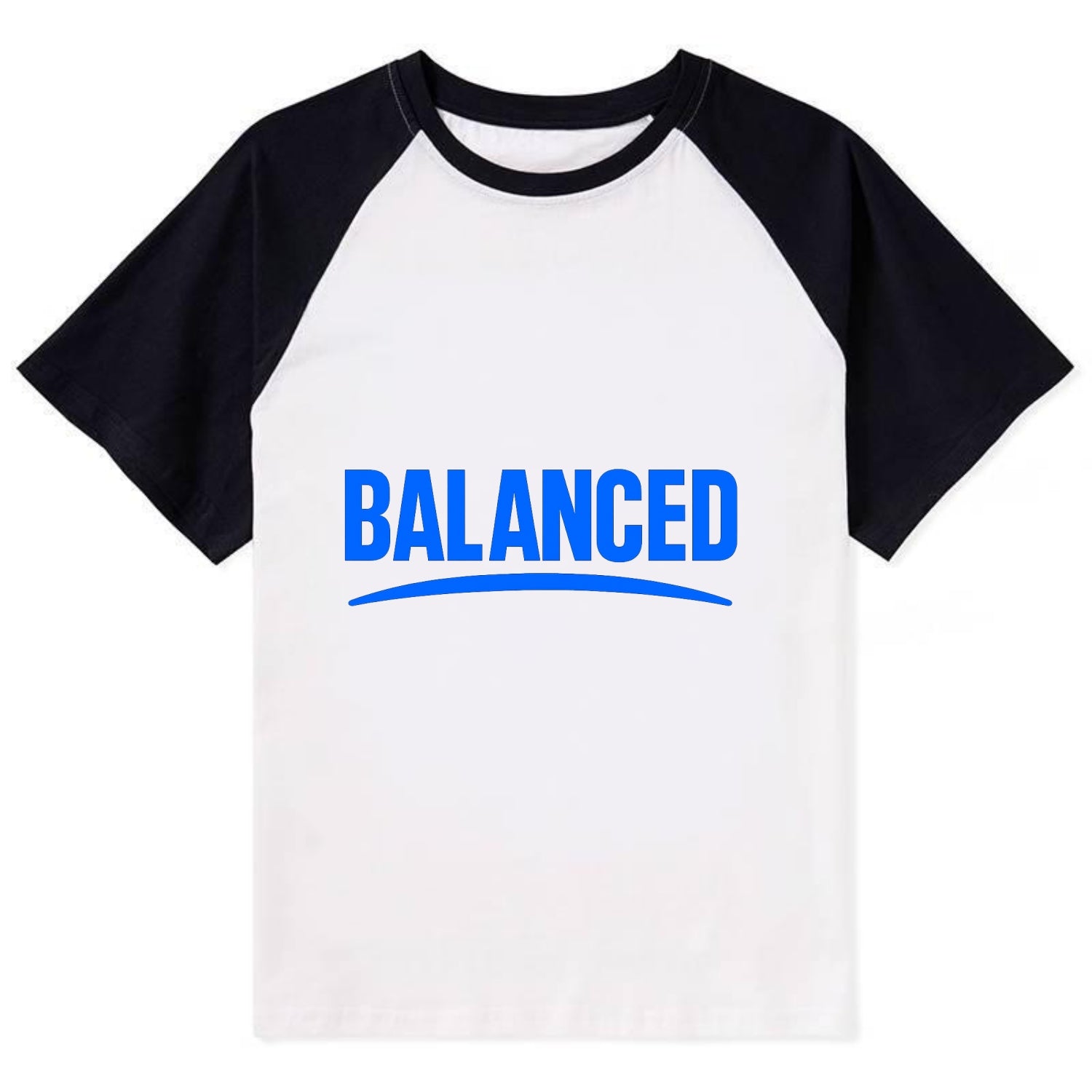 Bold typography design - "BALANCED" - harmony, equilibrium, centered life - Contrast Raglan T-shirt - Black