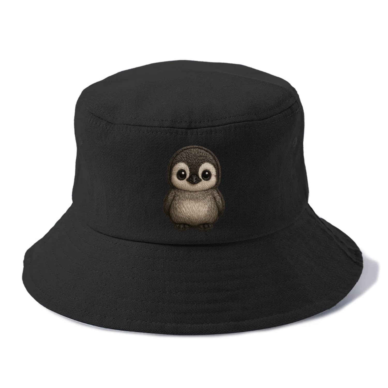 Baby Penguin Chick - gray fluffy, white face, round body, front-facing, tuxedo baby - Bucket Hat - Black