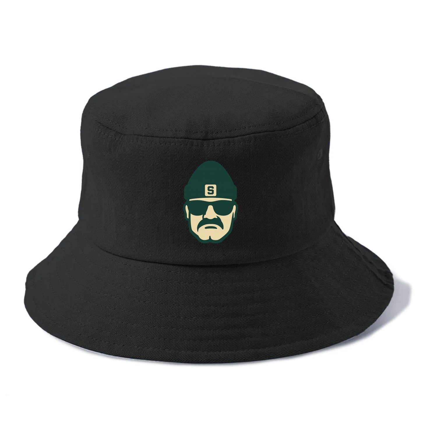 East Lansing Spartan wearing Michigan State beanie with S patch - Bucket Hat - Black