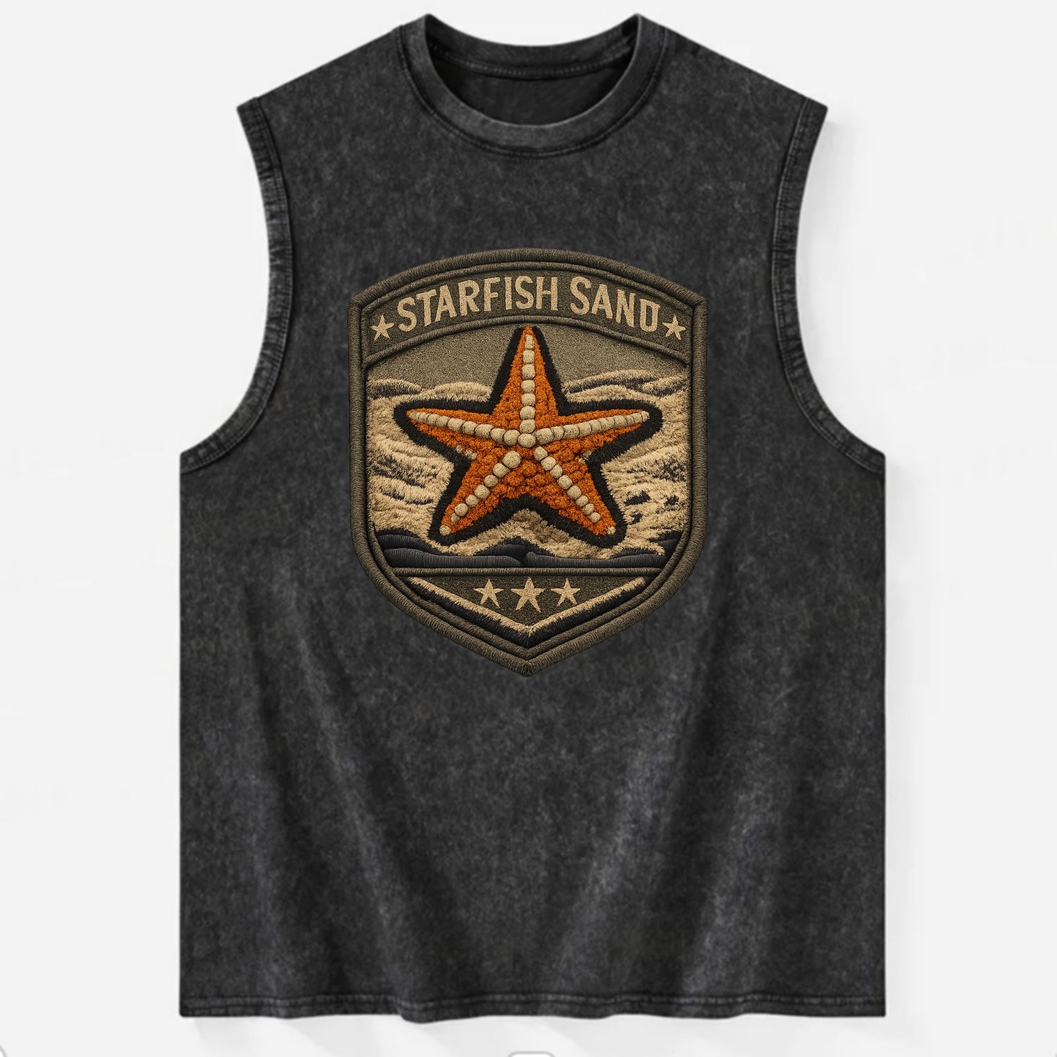 STARFISH SAND - sea star in orange and tan , beachcomber - Vintage Washed Tank - Black