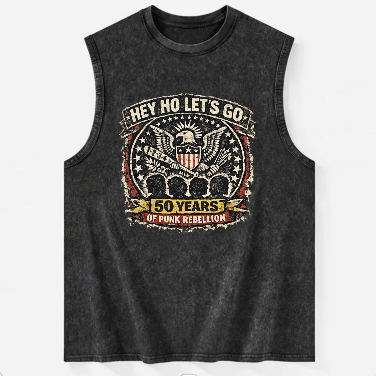 RAMONES LEGACY | Hey Ho Let's Go typography | Presidential seal parody | Four - Vintage Washed Tank - Black