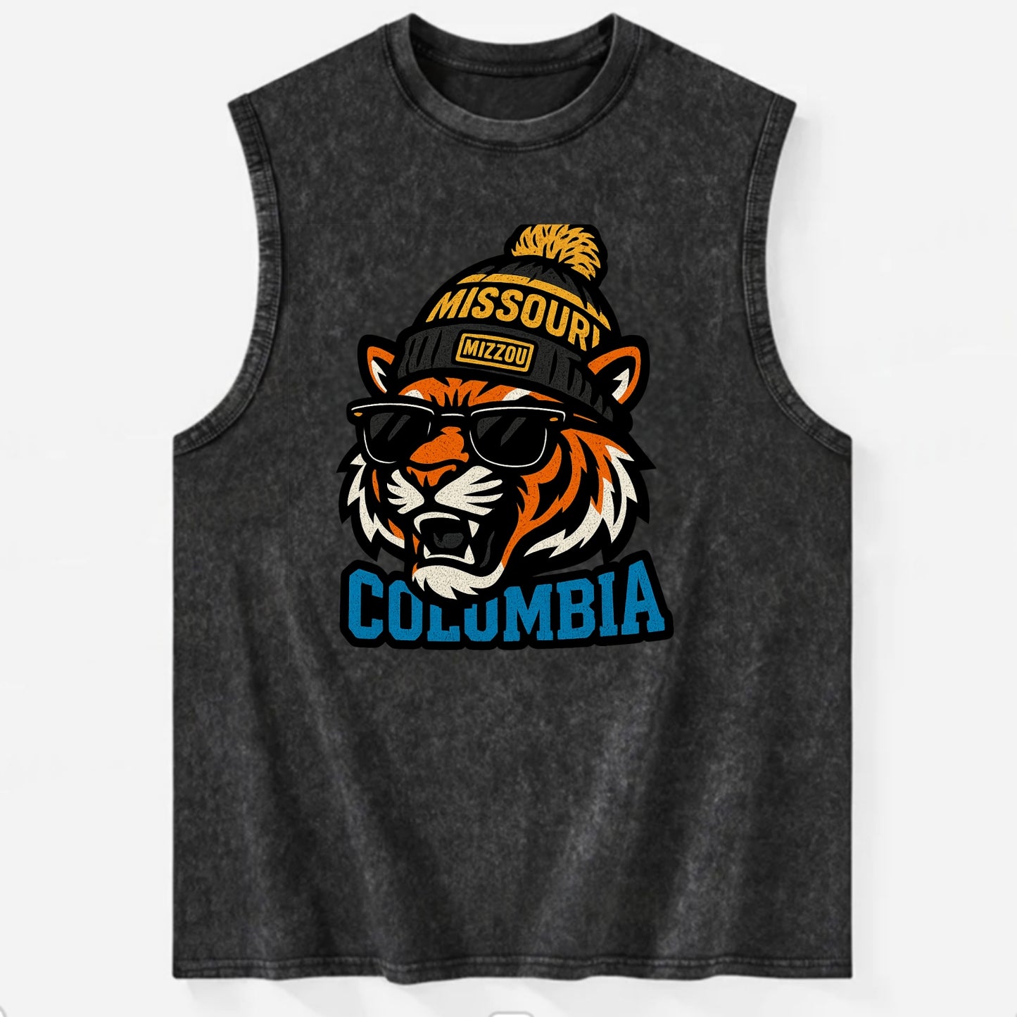 Columbia Tiger wearing Missouri beanie with Mizzou patch - Vintage Washed Tank - Black