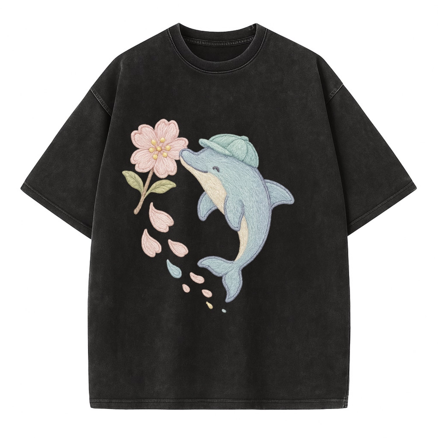 Dolphin Sakura Leap  - Vintage T-shirt - Black