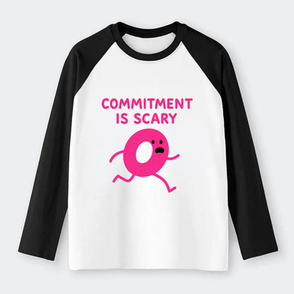 COMMITMENT IS SCARY | Terrified ring running away - Raglan Long Sleeve T-Shirt - Black