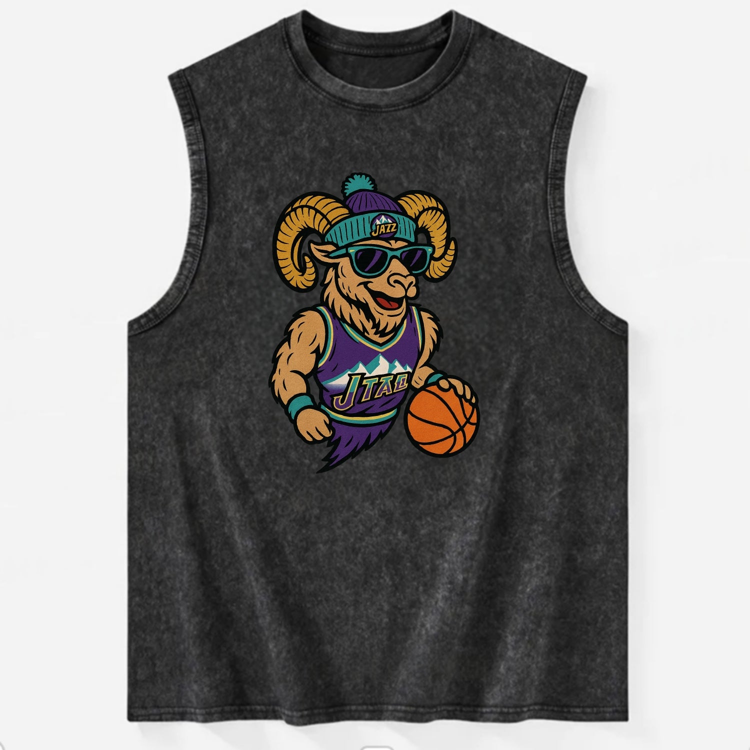 Utah Bighorn wearing Jazz beanie with mountain melody patch and wayfarer - Vintage Washed Tank - Black