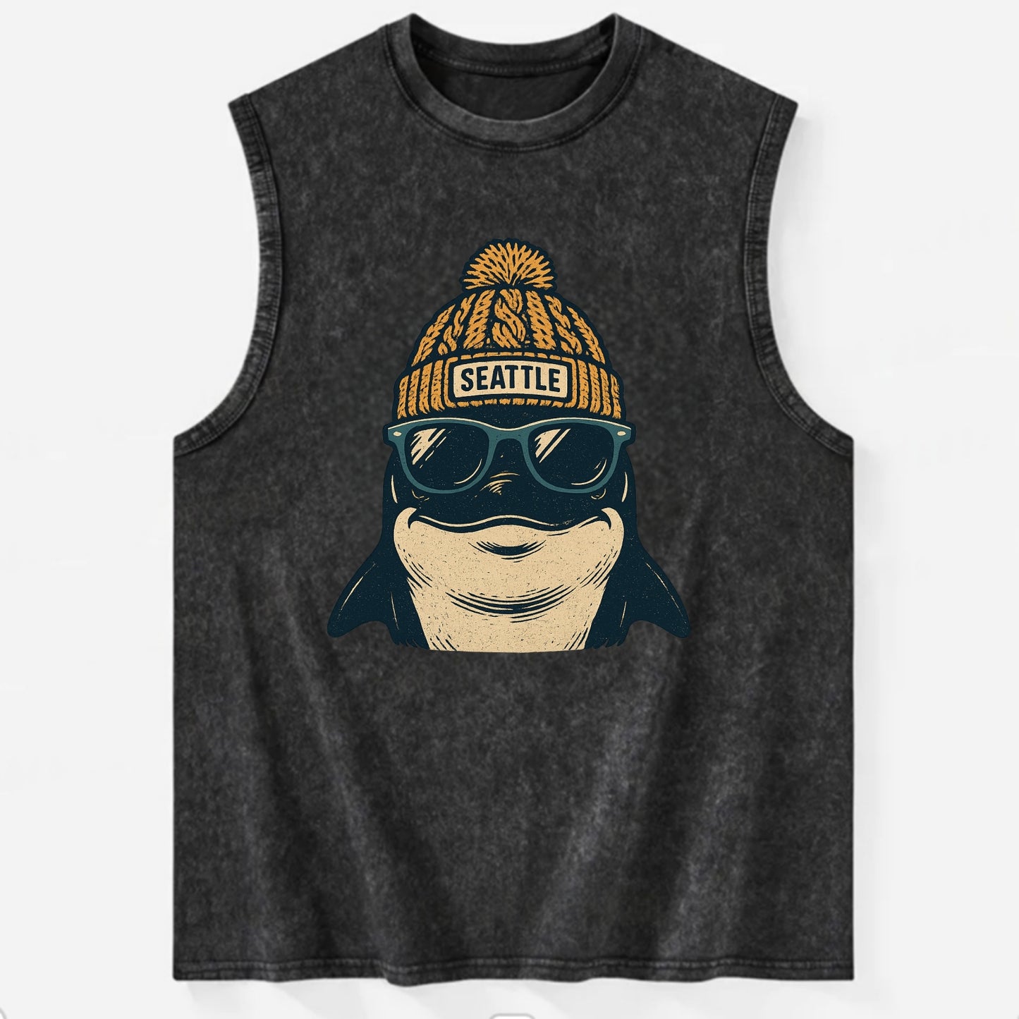 Seattle Orca wearing Seattle beanie with pom pom and wayfarer sunglasses - Vintage Washed Tank - Black