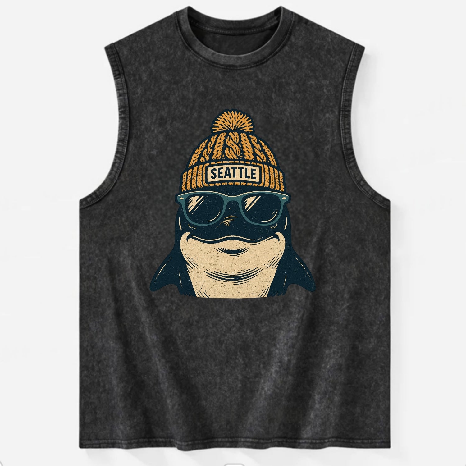Seattle Orca wearing Seattle beanie with pom pom and wayfarer sunglasses - Vintage Washed Tank - Black