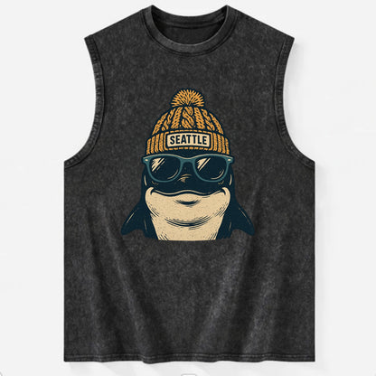 Seattle Orca wearing Seattle beanie with pom pom and wayfarer sunglasses - Vintage Washed Tank - Black