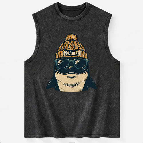 Seattle Orca wearing Seattle beanie with pom pom and wayfarer sunglasses - Vintage Washed Tank