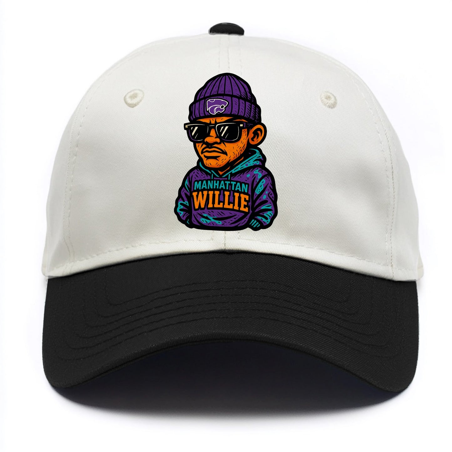 Manhattan Willie wearing Kansas State beanie with powercat patch - Two Tone Cap - Black
