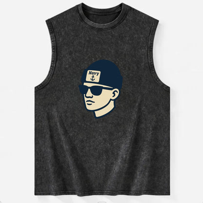 Annapolis Midshipman wearing Navy beanie with anchor patch - Vintage Washed Tank - Black