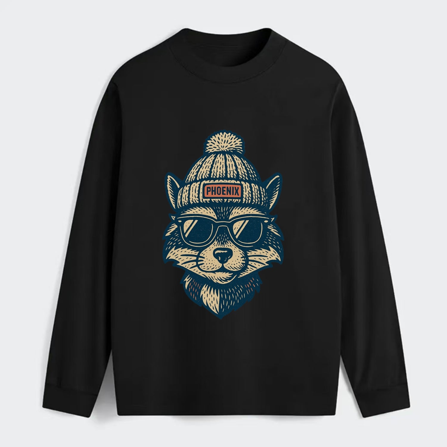Arizona Ringtail wearing Phoenix beanie with pom pom and wayfarer - Classic Long Sleeve Shirt - Black
