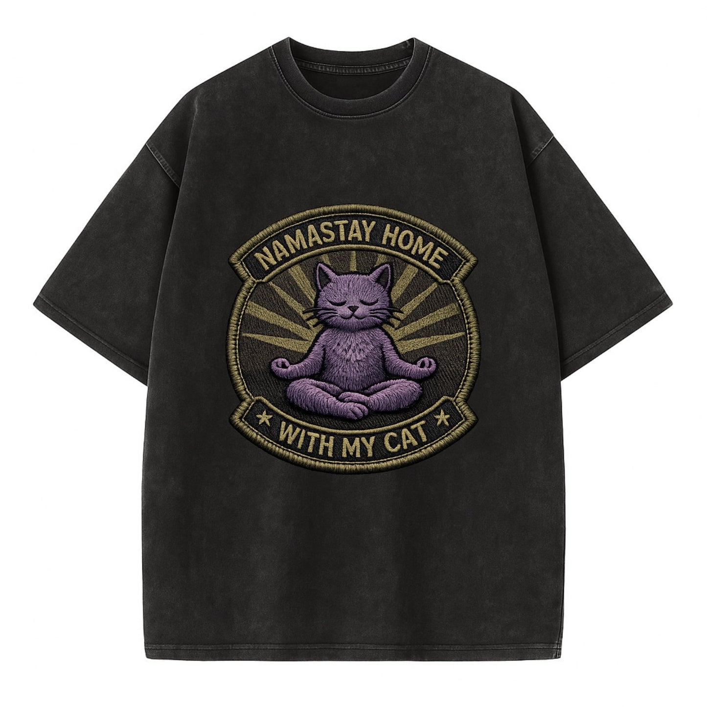 NAMASTAY HOME WITH MY CAT - yoga cat in purple , introvert cat - Vintage T-shirt - Black