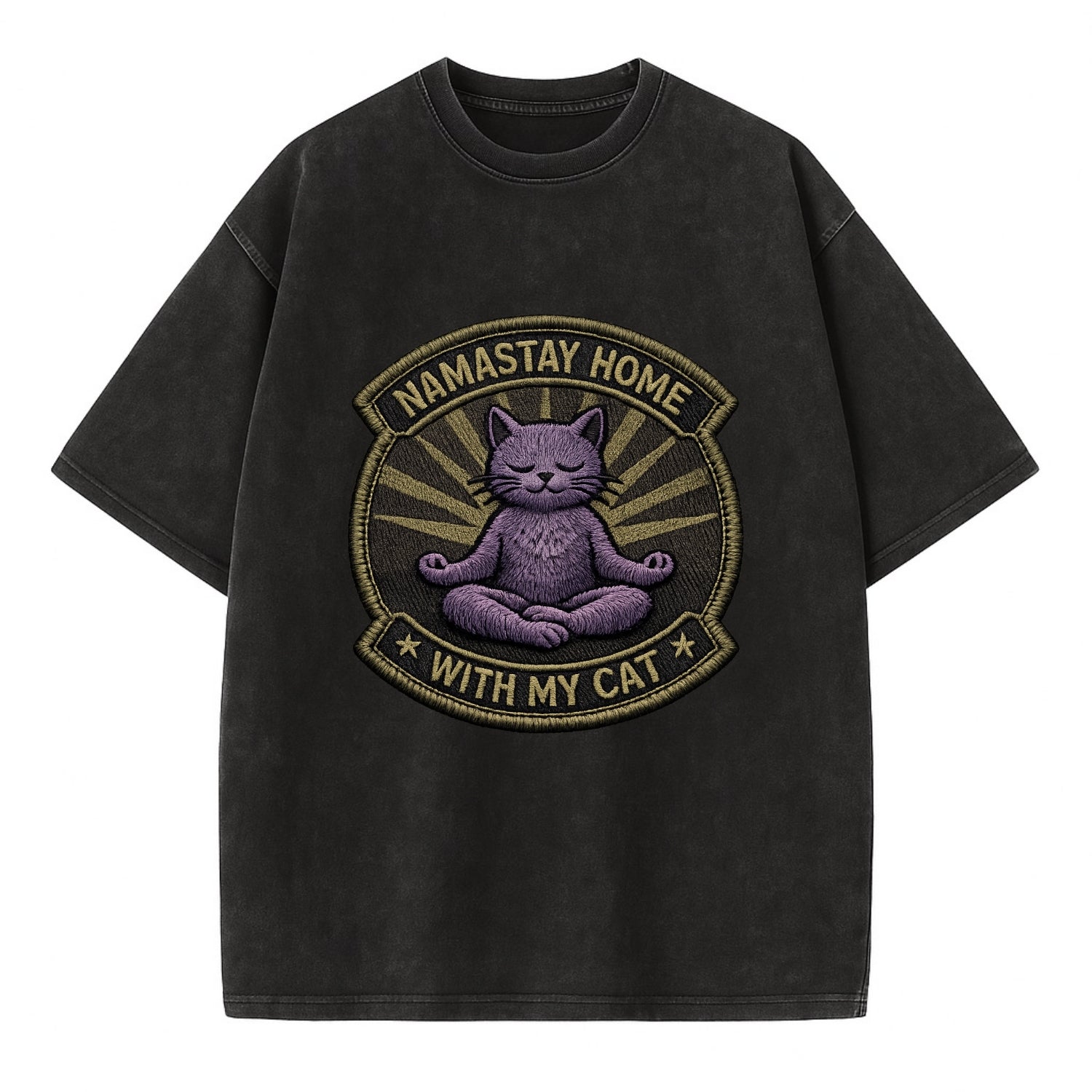 NAMASTAY HOME WITH MY CAT - yoga cat in purple , introvert cat - Vintage T-shirt - Black