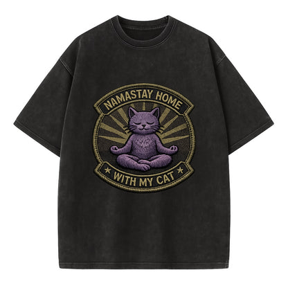 NAMASTAY HOME WITH MY CAT - yoga cat in purple , introvert cat - Vintage T-shirt - Black