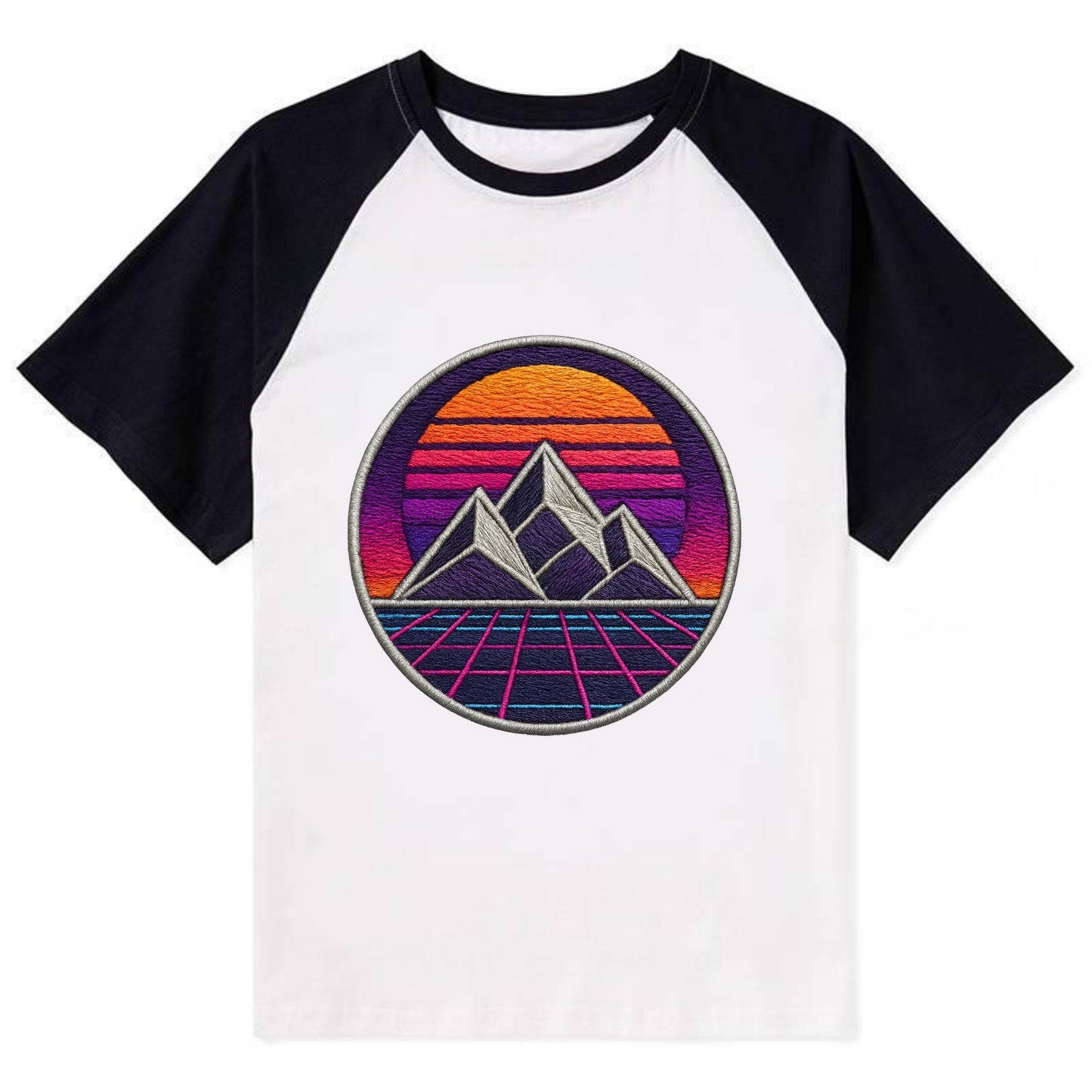Retrowave Mountains - Contrast Raglan T-shirt - Black