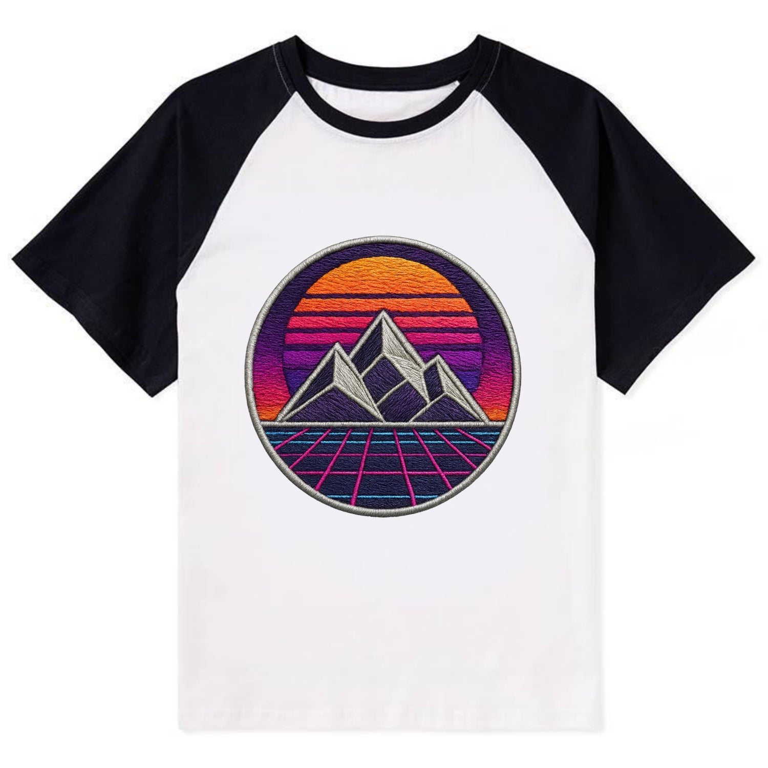 Retrowave Mountains - Contrast Raglan T-shirt - Black