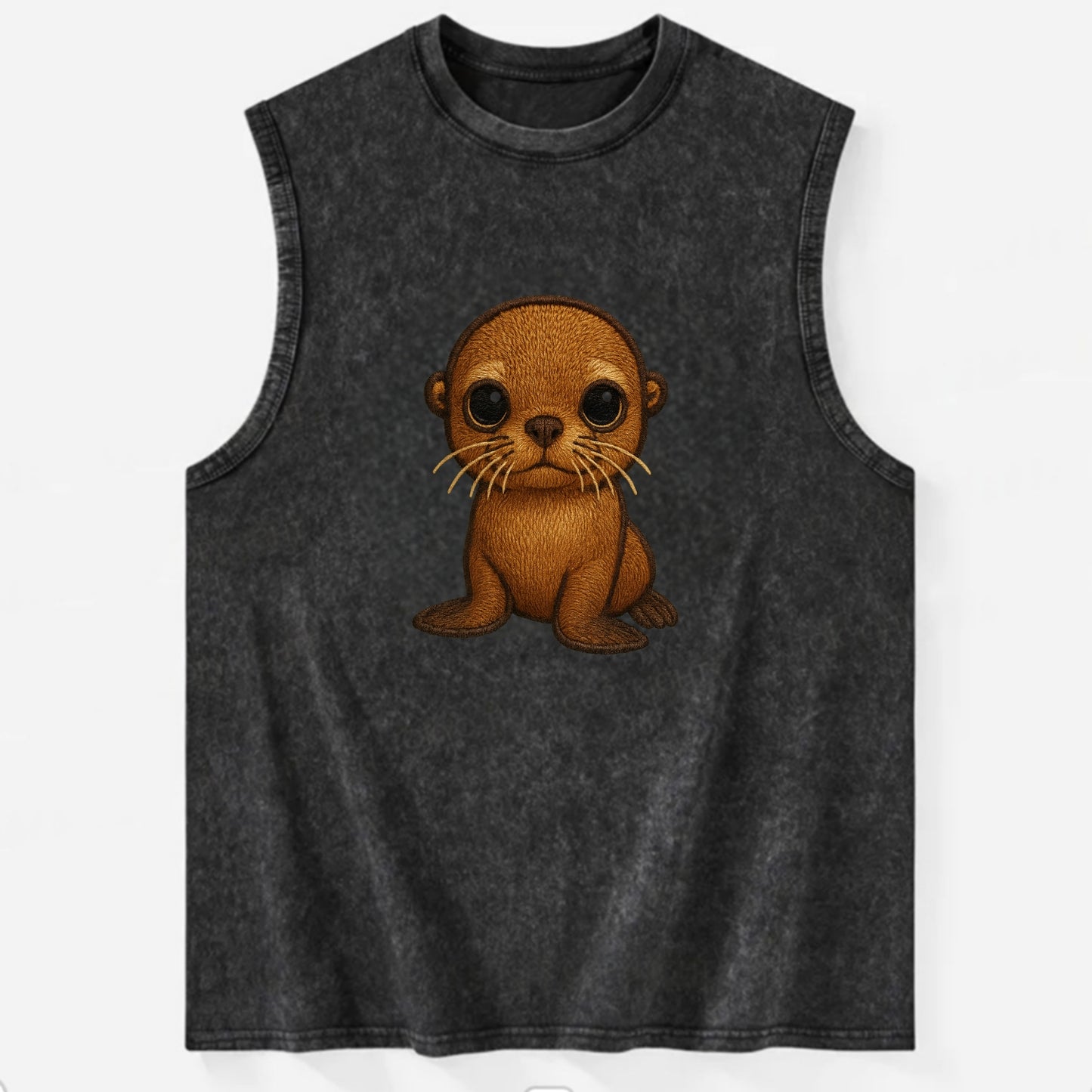 Baby California Sea Lion - golden brown, large expressive eyes, whiskers, - Vintage Washed Tank - Black