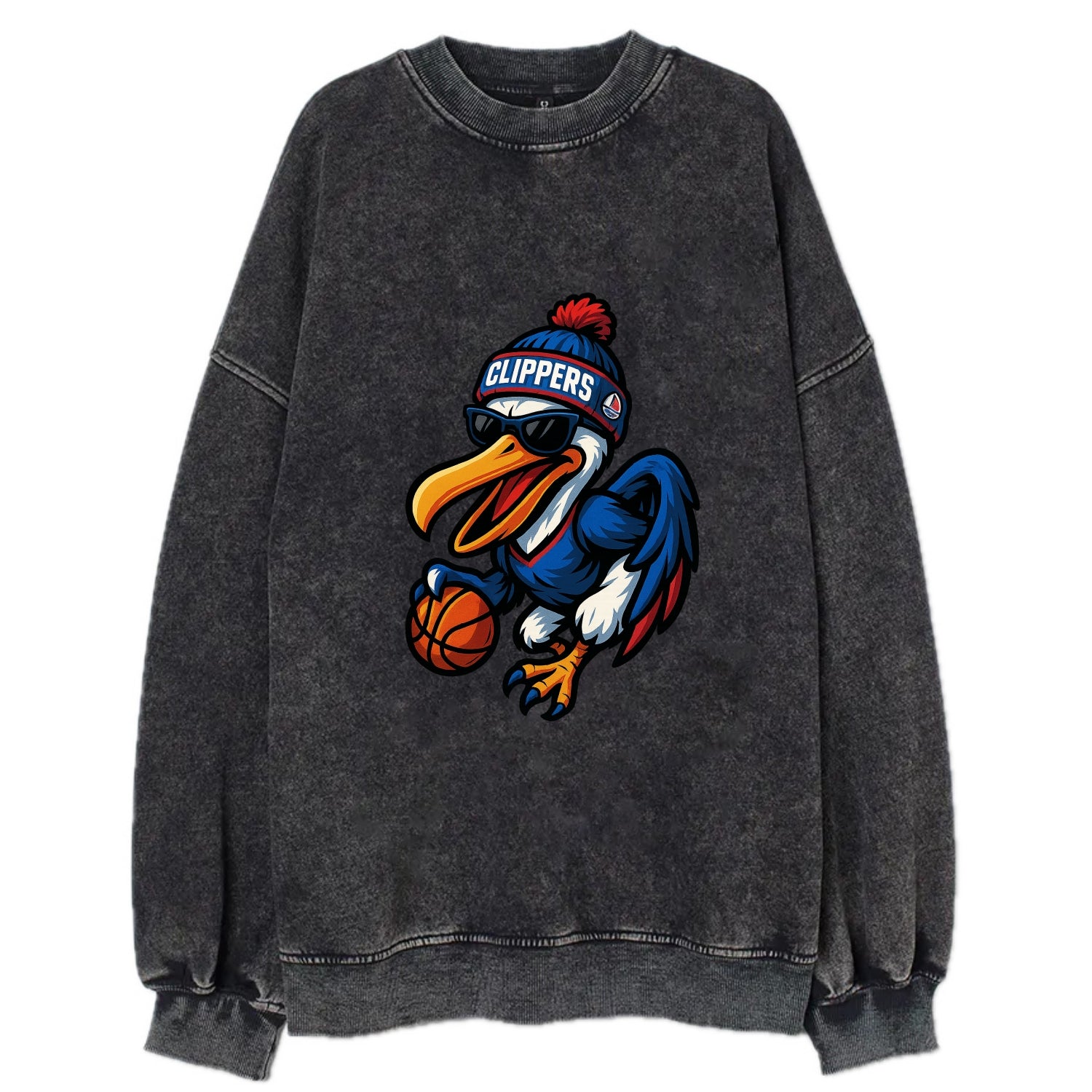 Los Angeles Pelican wearing Clippers beanie with sailboat patch and wayfarer - Vintage Sweatshirt - Black