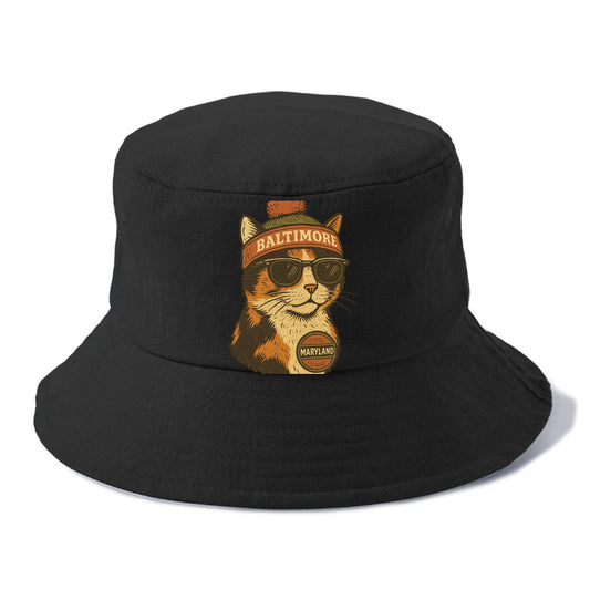 Maryland Calico Cat wearing Baltimore beanie with pom pom and wayfarer sunglasses - Bucket Hat - Black