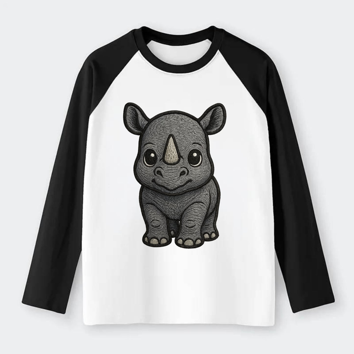 Baby Rhino - gray armor skin, tiny horn nub, round eyes, front-facing, - Raglan Long Sleeve T-Shirt - Black