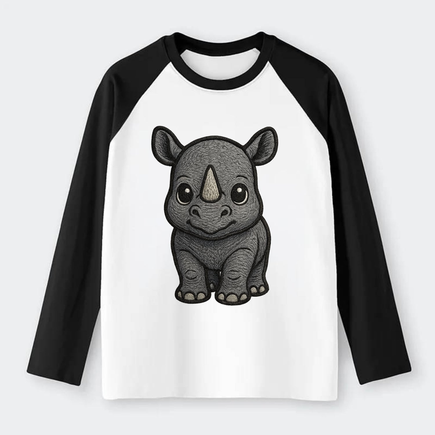 Baby Rhino - gray armor skin, tiny horn nub, round eyes, front-facing, - Raglan Long Sleeve T-Shirt - Black