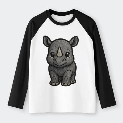 Baby Rhino - gray armor skin, tiny horn nub, round eyes, front-facing, - Raglan Long Sleeve T-Shirt - Black