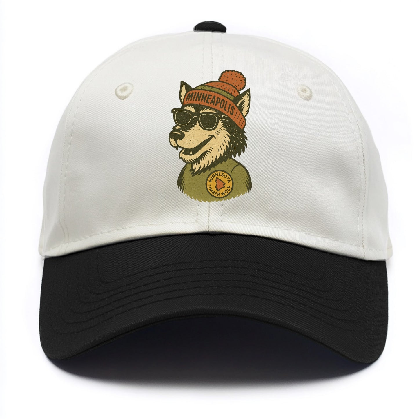 Minnesota Timber Wolf wearing Minneapolis beanie with pom pom and wayfarer sunglasses - Two Tone Cap - Black