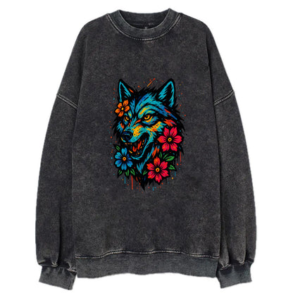 Floral Wolf Garden  - Vintage Sweatshirt - Black