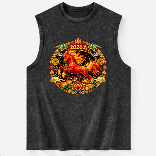 FIRE HORSE | Flaming mane and tail horse | Blazing orange and red colors | - Vintage Washed Tank - Black