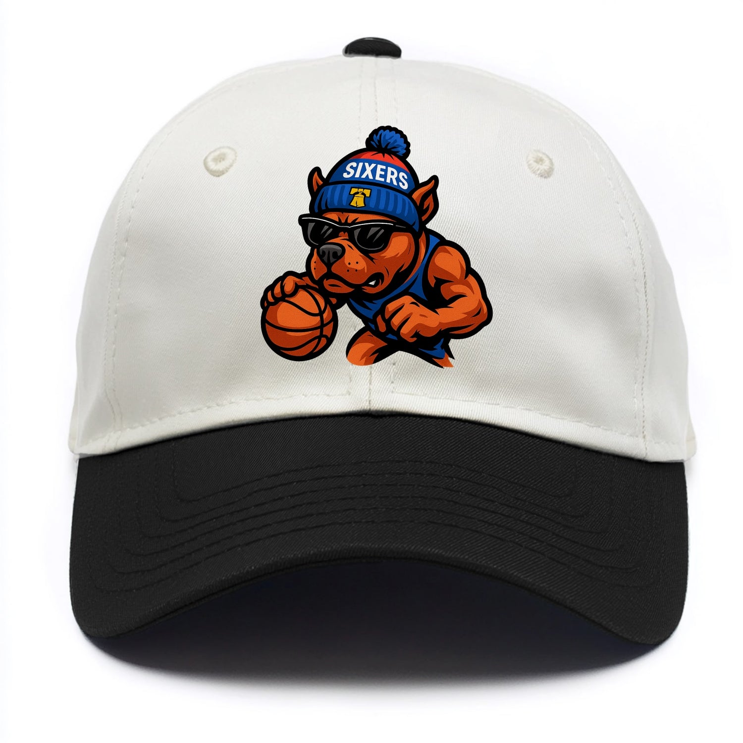 Philly Pitbull wearing Sixers beanie with Liberty Bell and wayfarer sunglasses - Two Tone Cap - Black