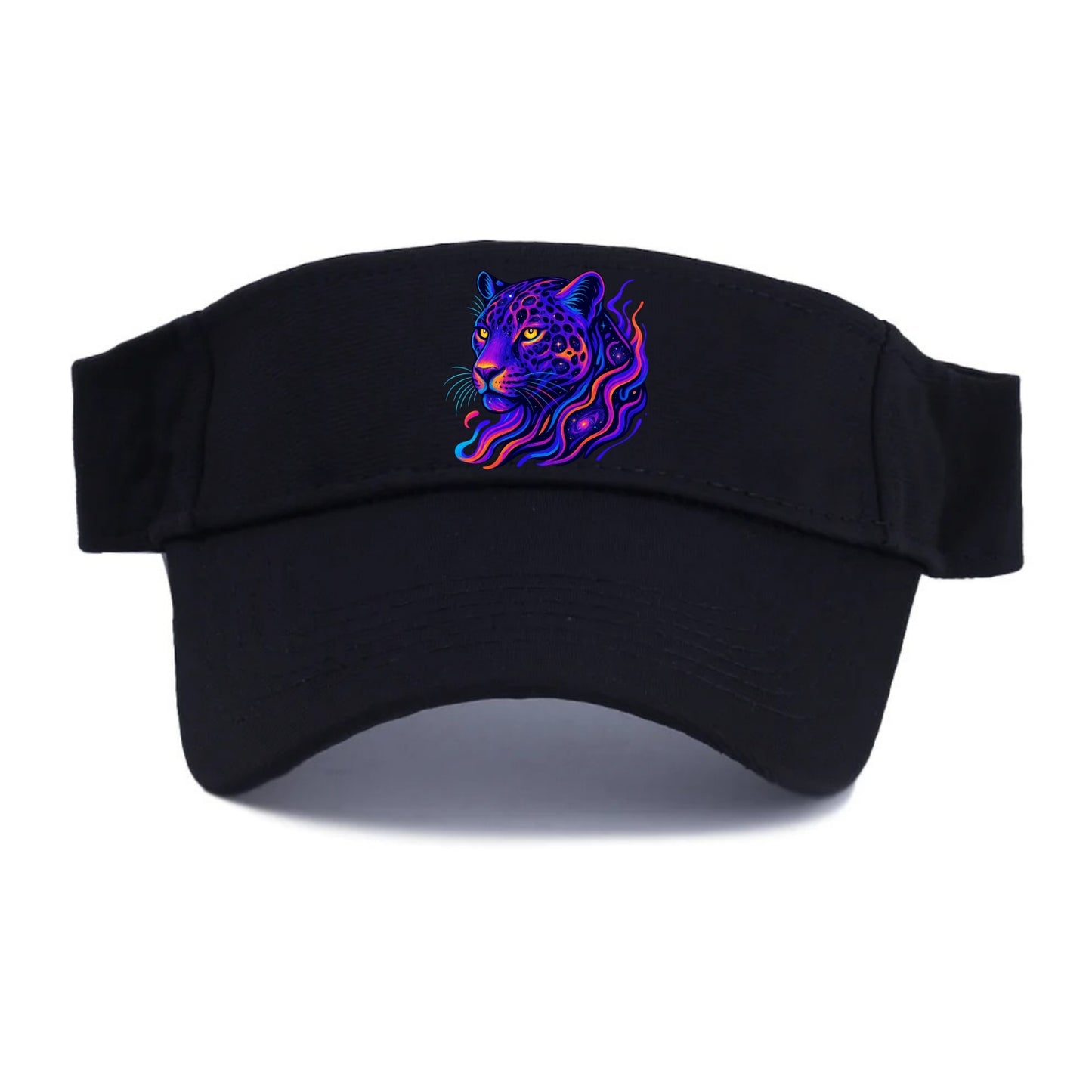 Powerful jaguar with rosettes containing miniature galaxies, cosmic purple and orange - Visor - Black