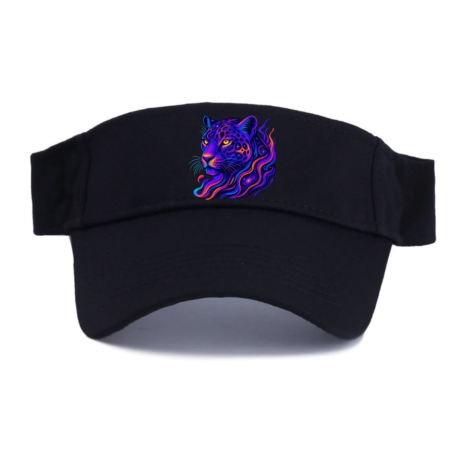 Powerful jaguar with rosettes containing miniature galaxies, cosmic purple and orange - Visor - Black