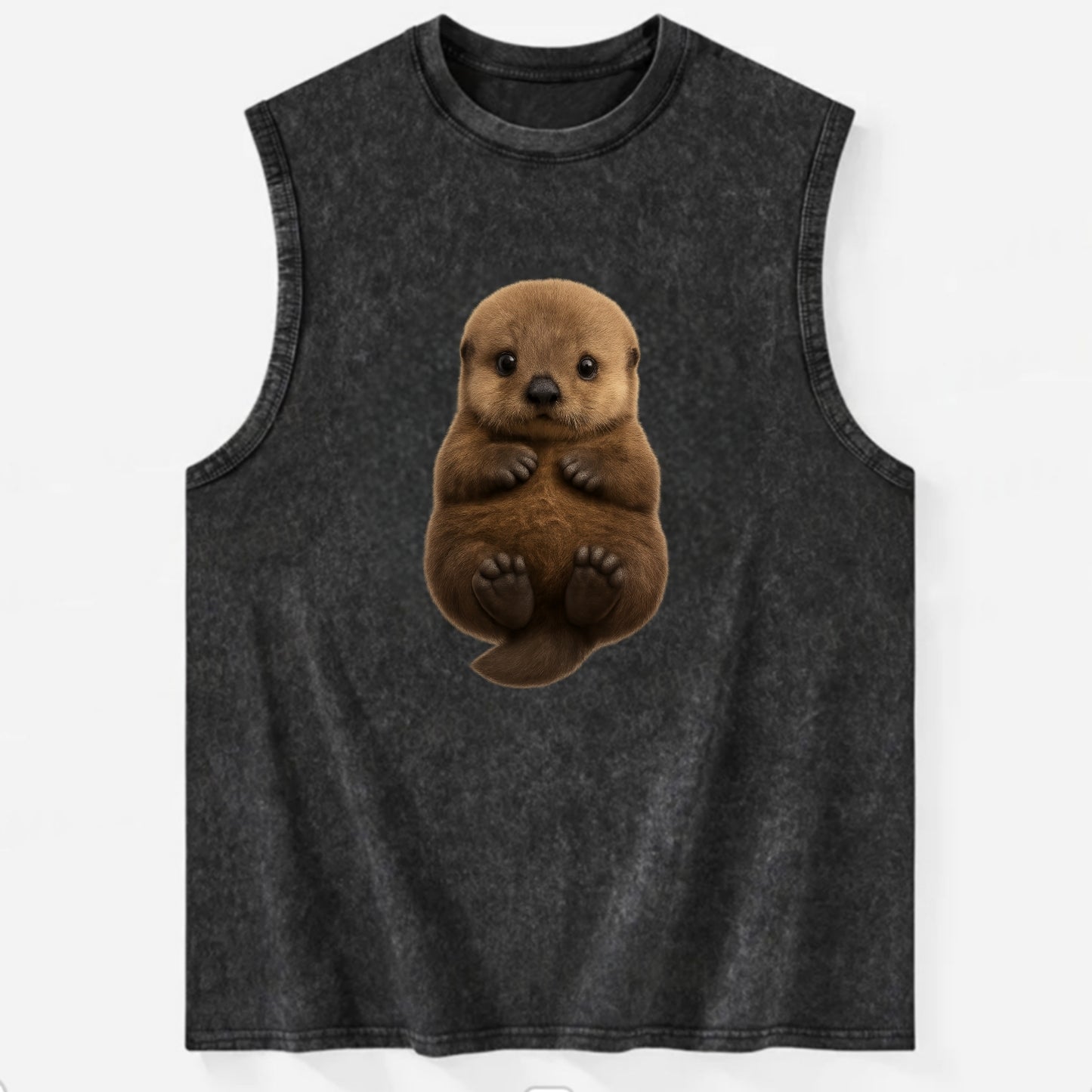 Baby Sea Otter - brown fluffy, floating on back, tiny paws, bright eyes, - Vintage Washed Tank - Black