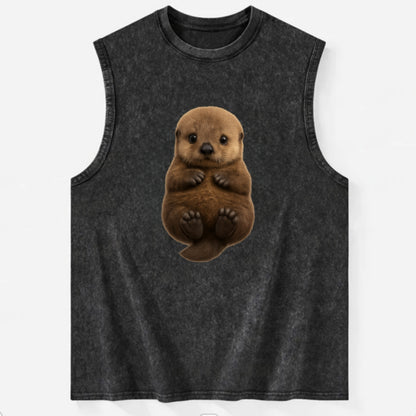 Baby Sea Otter - brown fluffy, floating on back, tiny paws, bright eyes, - Vintage Washed Tank - Black
