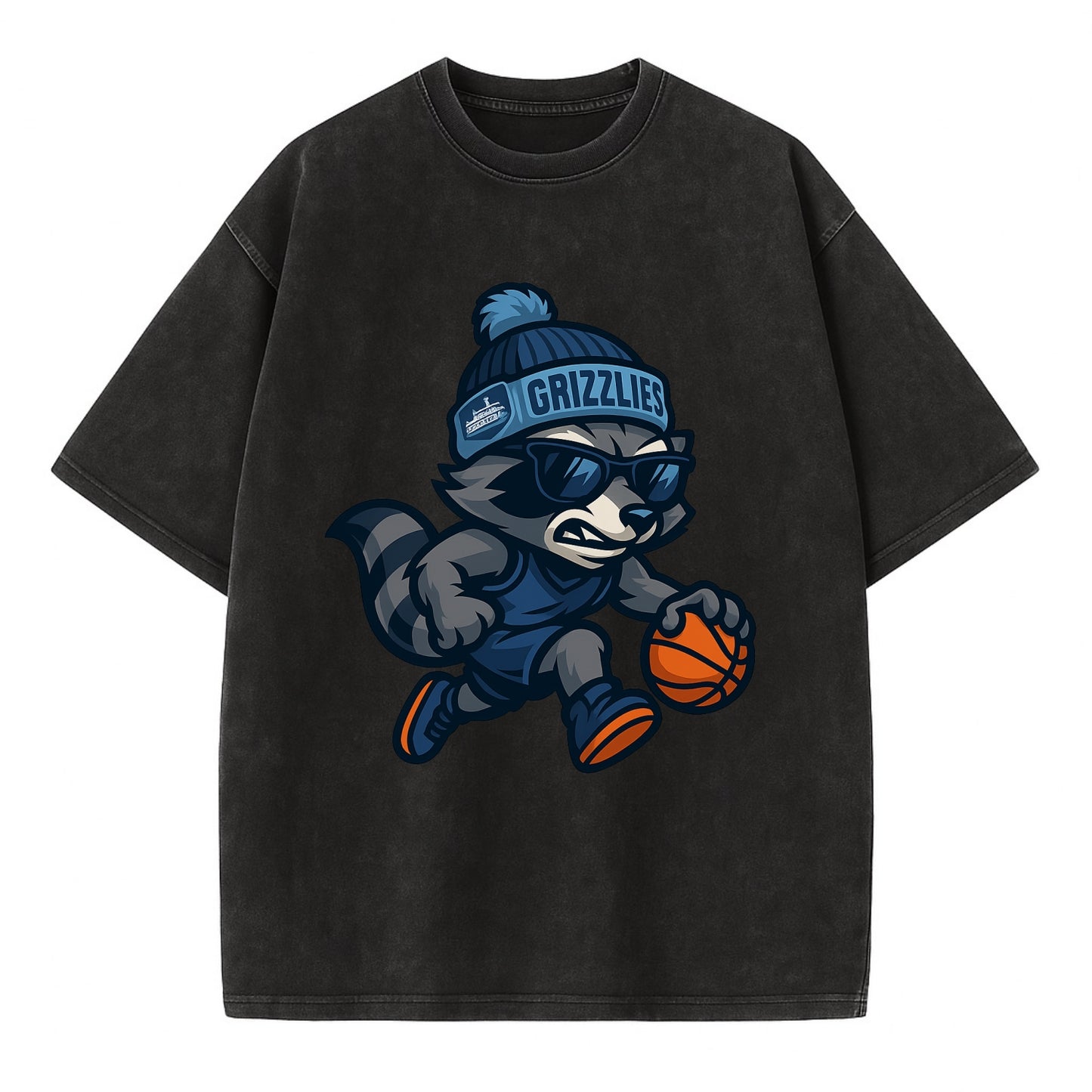 Memphis Raccoon wearing Grizzlies beanie with riverboat patch and wayfarer - Vintage T-shirt - Black