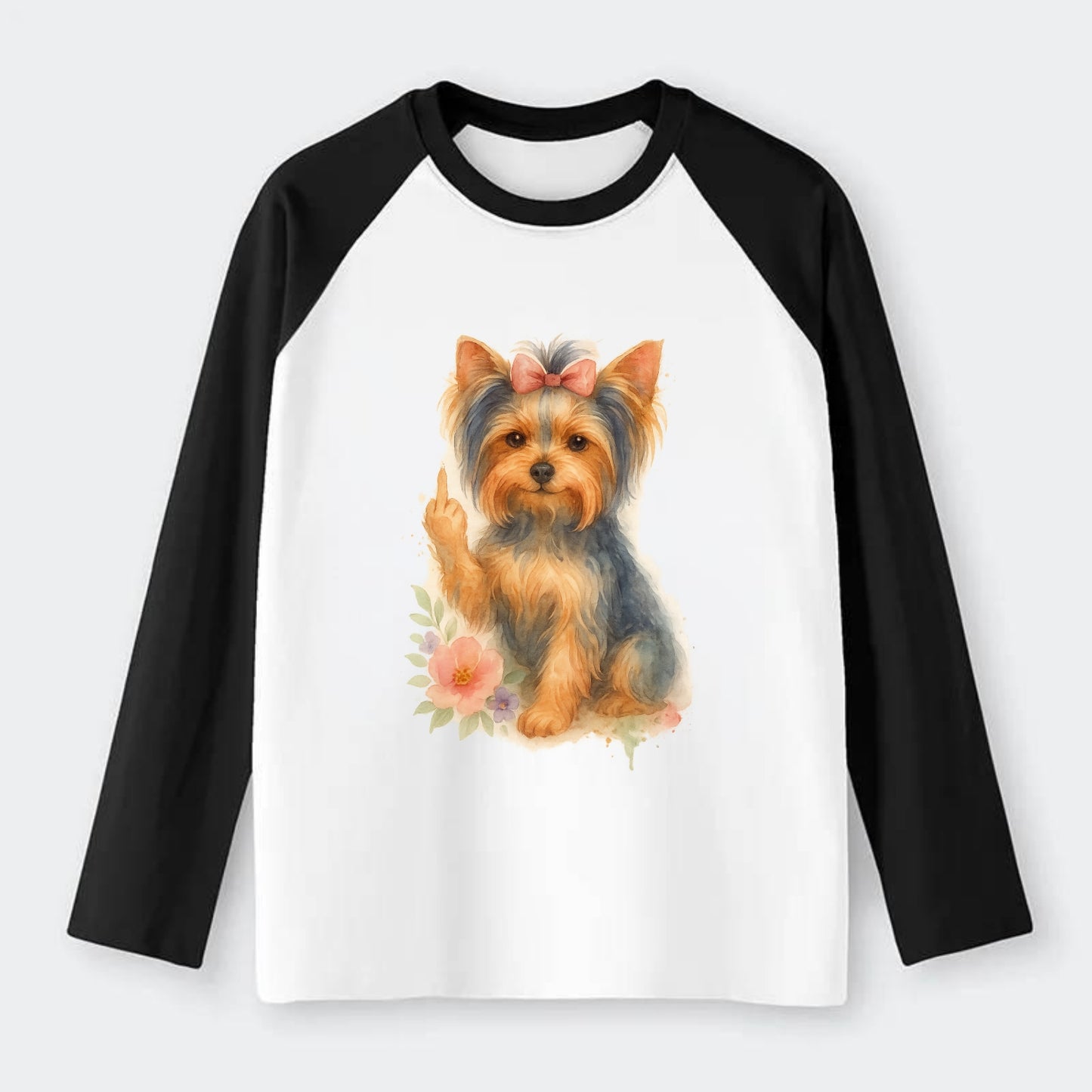 Yorkshire Terrier with topknot bow, one delicate paw flipping off - Raglan Long Sleeve T-Shirt - Black