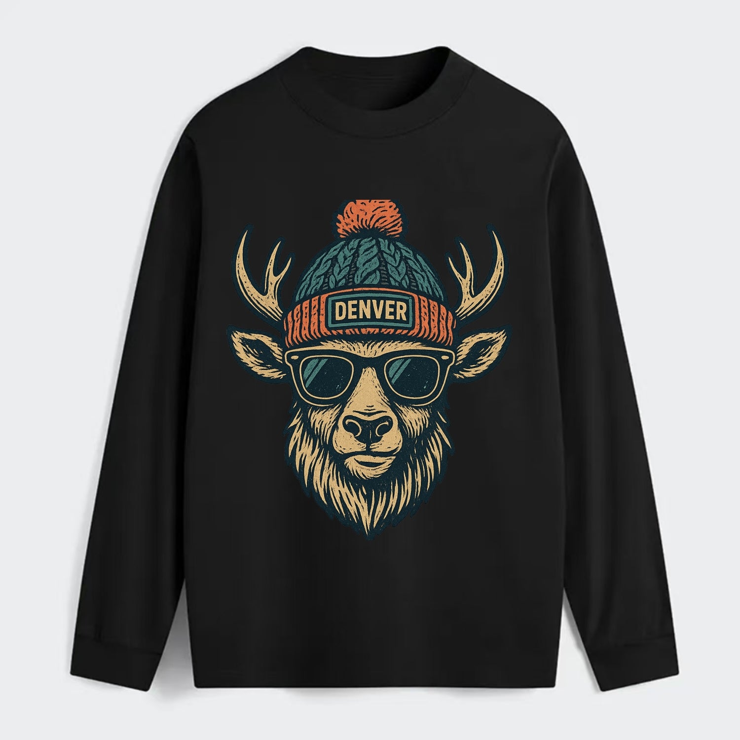 Denver Elk wearing Denver beanie with pom pom and wayfarer sunglasses - Classic Long Sleeve Shirt - Black