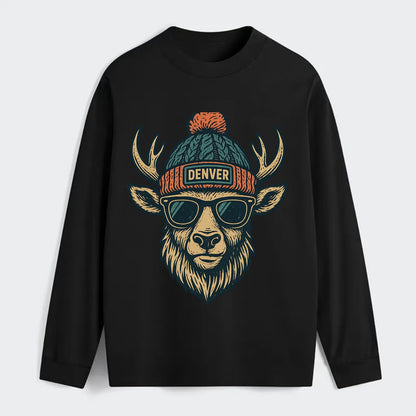 Denver Elk wearing Denver beanie with pom pom and wayfarer sunglasses - Classic Long Sleeve Shirt - Black