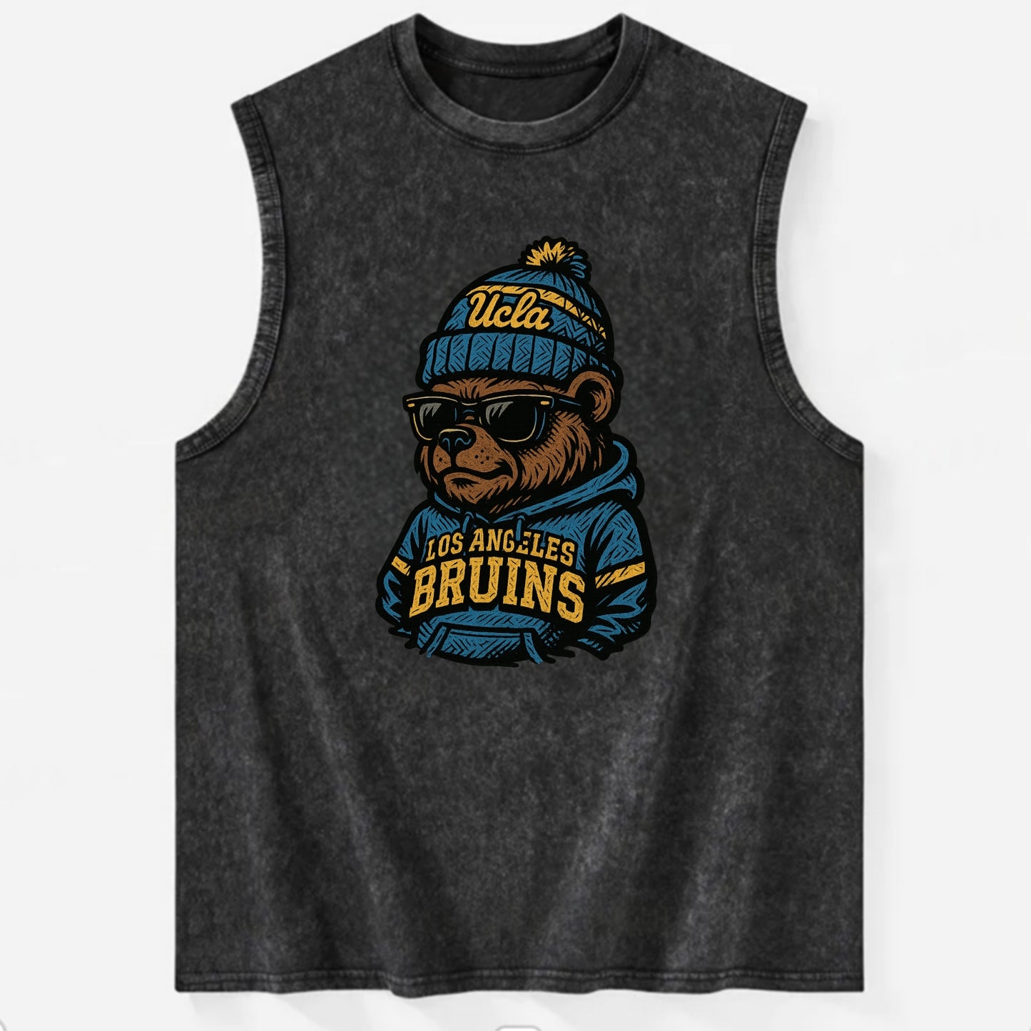 Los Angeles Bruin wearing UCLA beanie with script patch - Vintage Washed Tank - Black